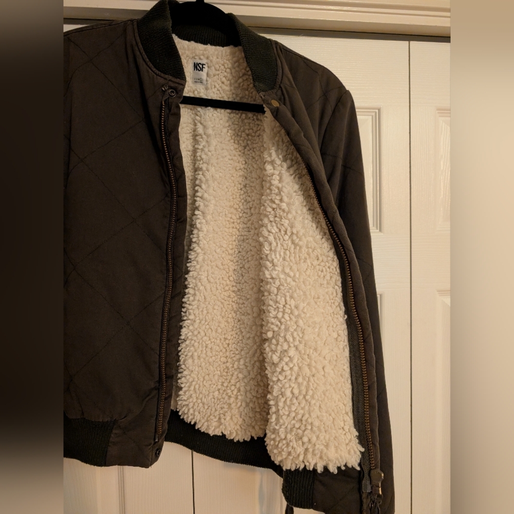 Army Green Quilted Bomber Jacket with Sherpa Lining